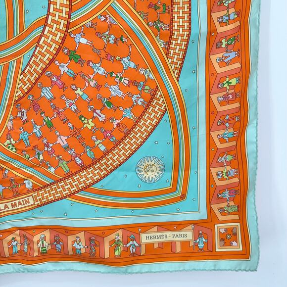 HERMES Donner La Main Carre 100% Silk Geometric Scarf 90cm Square Orange - Picture 5 of 15